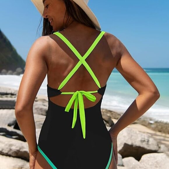 Tummy Control Sexy Cutout Neon Color Block Bathing Suit - Picture 4 of 5